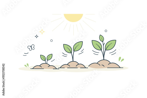 Spring renewal concept illustration. A calm editorial scene with plants sprouting from soft soil, gentle sun rays above, and subtle motion lines showing