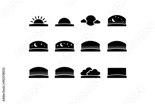 Sky gradient. Solid icon set of sky gradient: sunrise gradient, sunset gradient, midday sky gradient, dawn sky gradient, dusk sky gradient, night sky gradient,