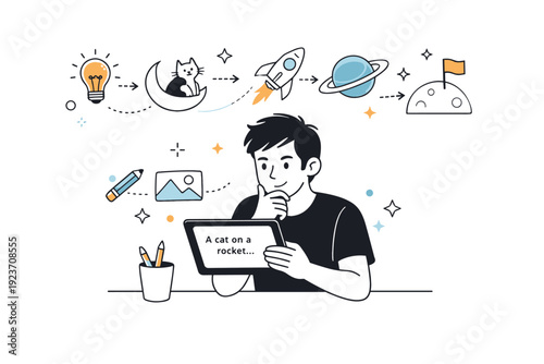 Prompt-based creativity concepts. Creative professional reviewing a simple text prompt on a tablet as visual symbols float around, suggesting ideas forming