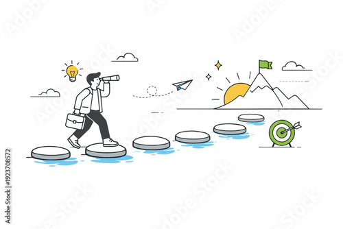 Entrepreneurship. Journey-style composition with stepping stones or path leading forward. Steady progress, resilience, and vision conveyed through calm