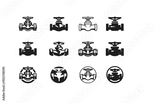 Machine parts illustration. Icon set. Set Logo of machine parts: industrial valve. harmonious logo variations of the same emblematic concept, each with