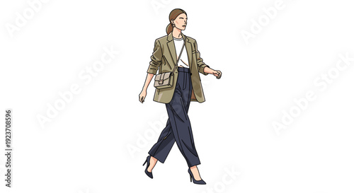 Confident illustration of a woman walking in a blazer, white t-shirt, dark trousers, and a small crossbody bag.