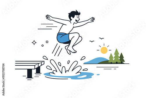 Summer lake jumping moment. A person mid-jump from a wooden dock into a calm lake, splashes and motion lines capturing excitement. Fresh summer energy and