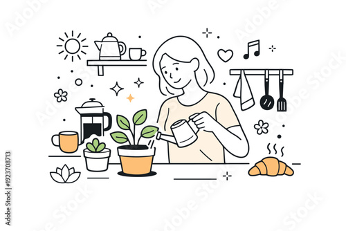 Cozy home rituals. A scene of a mother lighting a candle or watering plants in her kitchen, enjoying a quiet, slow start to the day, expressing mindfulness and