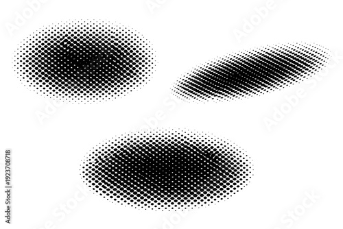 Comic noise halftone dot texture shown as a single object presented in three views: flat top view, angled view, and three-quarter perspective view. Black and