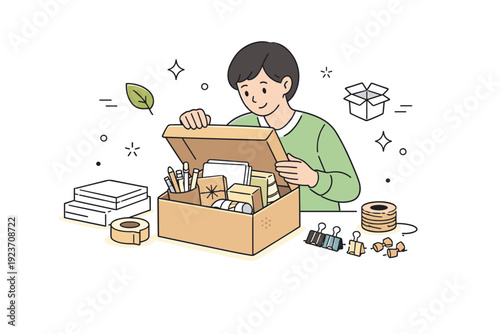 Eco-friendly packaging. A person opening a box of bulk, plastic-free office supplies, small floating leaf and box icons, sustainable and organized office vibe.