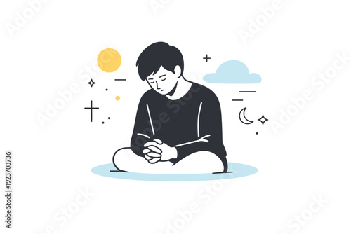 Good Friday reflection. A calm scene of a person sitting quietly with a lowered head, hands gently folded, expressing contemplation and inner peace. The