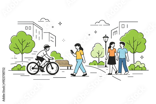 City parks and green corridors. A cyclist and pedestrians share a wide green corridor between buildings. Peaceful urban mobility scene with trees, benches, and