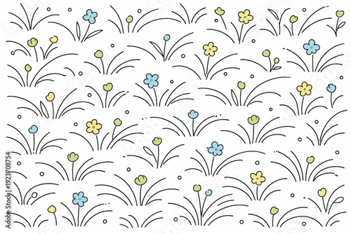 Spring grass pattern. Editorial-style meadow pattern with gently curved grass strokes, tiny buds, and minimal flower icons repeating evenly. Calm and soothing