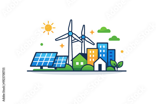 Green economy expressing renewable energy transition through solar panels and wind turbines integrated into simple urban shapes. A modern