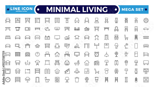 Minimal Living outline icon set. vector thin line outline symbols for ui/ux app and web interfaces. minimal stroke collection including clothes hanger, bookshelf. Editable stroke outline icon.
