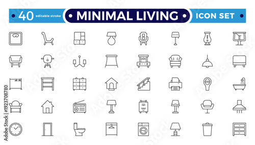 Minimal Living outline icon set. vector thin line outline symbols for ui/ux app and web interfaces. minimal stroke collection including clothes hanger, bookshelf. Editable stroke outline icon.
