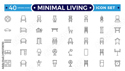 Minimal Living outline icon set. vector thin line outline symbols for ui/ux app and web interfaces. minimal stroke collection including clothes hanger, bookshelf. Editable stroke outline icon.
