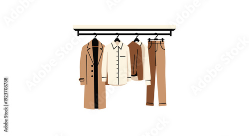 Minimalist illustration displaying neutral-toned garments including a trench coat, shirt, sweater, and pants on a hanging rack.