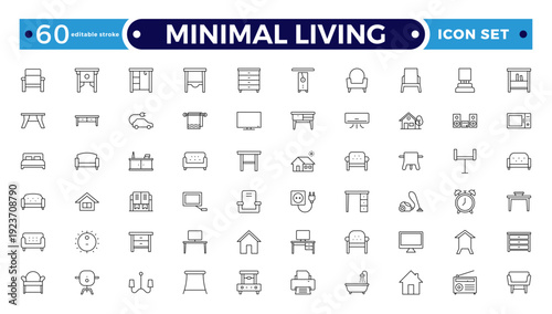Minimal Living outline icon set. vector thin line outline symbols for ui/ux app and web interfaces. minimal stroke collection including clothes hanger, bookshelf. Editable stroke outline icon.
