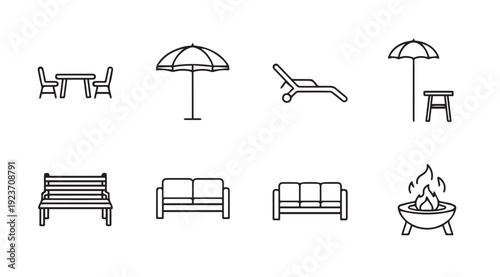 Outdoor Furniture and Decor Icons: Patio Table, Bench, Sofa, Lounger, Umbrella, Fire Pit
