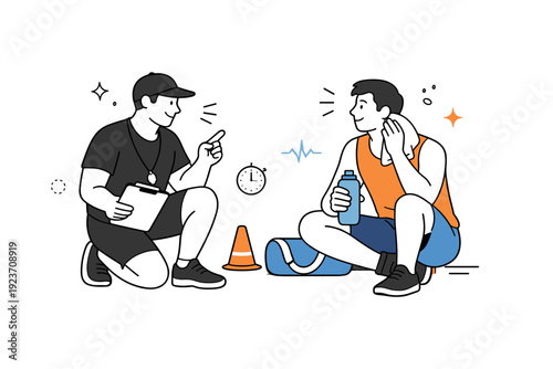 Athletic coaching one-on-one. Short break between drills, coach offering feedback while the athlete listens and breathes steadily, calm