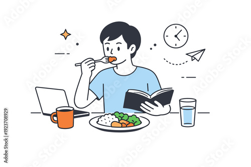 Food neutrality concepts. Individual eating a simple meal while reading or working, no emphasis on portion or choice. Everyday nourishment treated as a normal,
