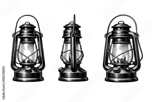 Camping lantern shown as a single object displayed in three views: front view, side view, and three-quarter view highlighting glass chamber and handle form.