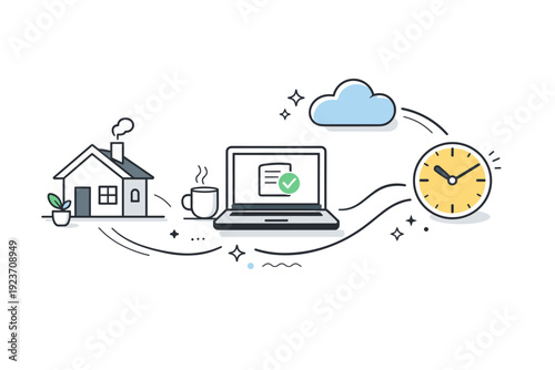 Remote work lifestyle. Abstract composition of home, laptop, cloud, and time icons connected smoothly. Balanced flow between work, comfort, and flexibility.