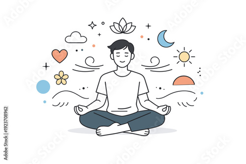 Healthy lifestyle ? mental well-being. Person sitting calmly with abstract shapes, breathing lines and light symbols around, expressing mindfulness and inner