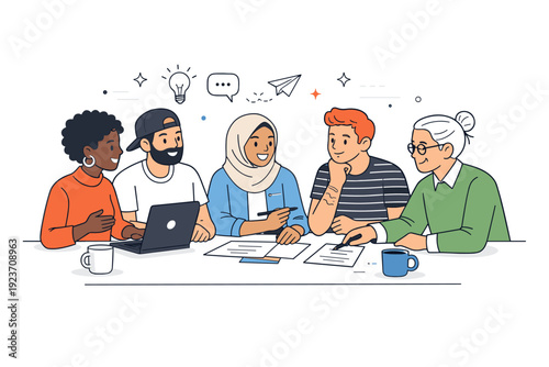 Workplace diversity. A group of colleagues with varied appearances and styles collaborating around a table, expressing inclusion, respect, and teamwork. The