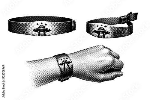 Festival wristband with minimal emblem graphic shown centered, rotated, and wrapped-on-wrist curvature view as a single object set. Black and