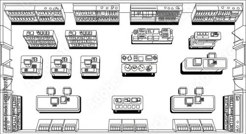 Detailed illustration of various electronic devices and equipment, arranged in a structured manner.