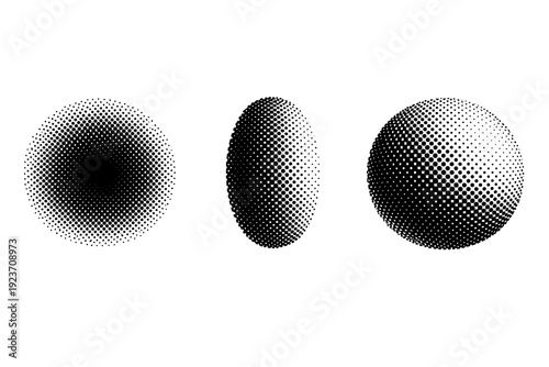 Gradient stippled dot overlay illustrated as one density-shifting dot texture object presented in three views: front view, side view, and three-quarter view