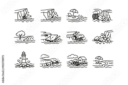 Coastal Erosion. Line icon set of Coastal Erosion: eroding sea cliff, collapsing coastline, beach sand loss, wave impact cliff, retreating shoreline, damaged