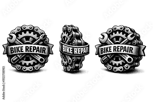 Bike repair emblem badge with chain link motif shown from front view, profile view, and three-quarter view as a single object set. Black and white dot style