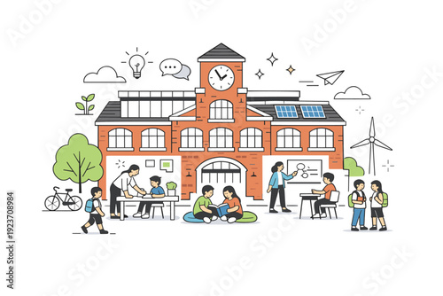 Adaptive reuse school building. An old building redesigned as an educational space, with students and teachers calmly interacting. Focused learning and