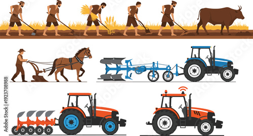 Agriculture Evolution Vector Illustration from Manual Farming to Modern Tractor Machinery Isolated Timeline Collection