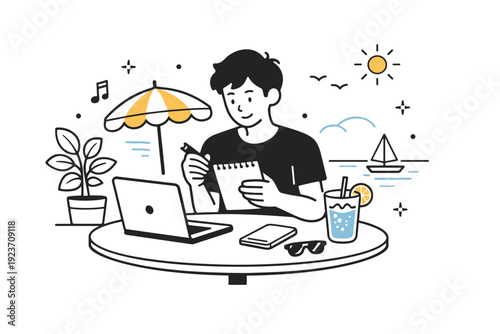 Freelancer work from summer cafes. A relaxed cafe scene shows a freelancer reviewing notes beside a laptop while enjoying a cold drink. The mood highlights