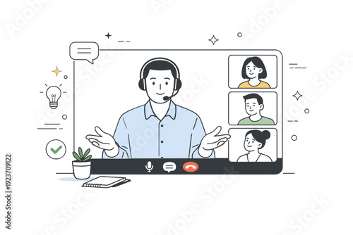 Remote leadership presence moment. A team leader speaking calmly on a video call, open posture and attentive expressions on screen. Sense of guidance, trust,