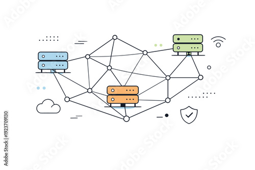 Network connectivity. Server nodes linked by lines and small data points. Communication, stability, invisible digital movement,