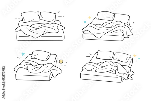 Beds after waking up. Abstract editorial composition of bed shapes, pillows, and blanket folds arranged with slight repetition. Conceptual illustration of