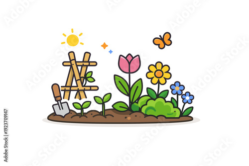 Springtime garden a calm garden corner with fresh flowers and young plants growing together, conveying renewal, balance, and the quiet joy of nature returning