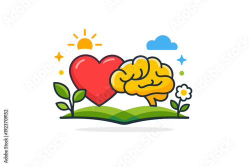 Spring mental health visual metaphor of a heart and mind in harmony supported by plants and light shapes, conveying resilience, care, and emotional wellbeing.