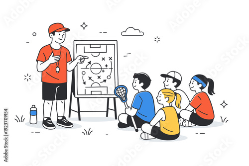 Spring team sports practice ? coach guidance and feedback. A calm instructional scene with a coach explaining tactics using gestures or a simple board, players