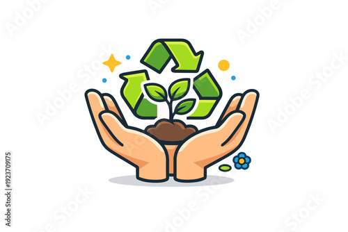Spring recycling concept hands holding a small plant and recycling symbol together, representing care, responsibility and hopeful environmental change.