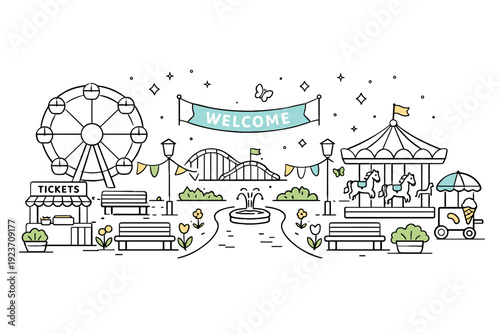 Seasonal theme park reopening. Pathways, benches, and attractions arranged neatly with spring decorations and flags. Calm order, family-friendly joy, and