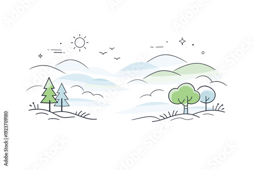 Mist and fog nature backgrounds. Clean vector composition inspired by morning fog in nature, with abstract trees and hills softly emerging from haze. The