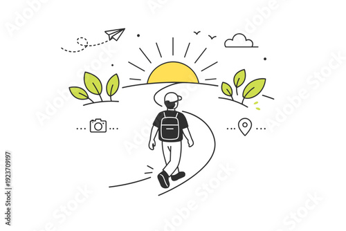 New season journey. A person stepping onto a simple path with spring leaves and sunlight behind, sense of beginning and optimism. Minimal