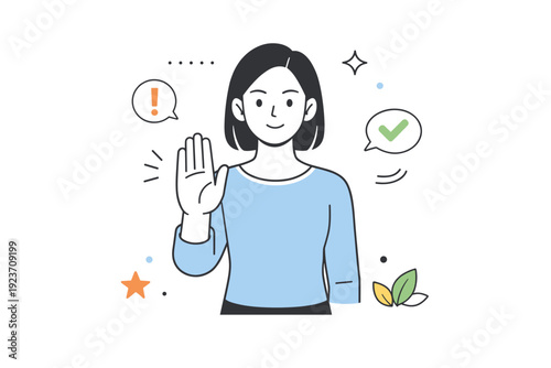 Saying no visually. Person gently holding up an open hand gesture while standing calmly. Clear boundary setting with respectful and confident body language.
