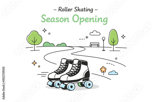 Roller skating season opening. Minimal park scene with path lines, trees, and skates placed in foreground. Calm spring atmosphere with outdoor activity focus.