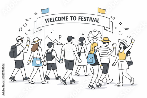 Summer festivals crowd details. Mixed crowd walking through the festival entrance, tickets or wristbands visible. Welcoming atmosphere and anticipation at the