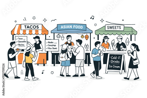 Exploring a street food festival. Visitors choosing dishes at colorful stalls, menus and simple signs visible. Joyful movement and casual social interaction.
