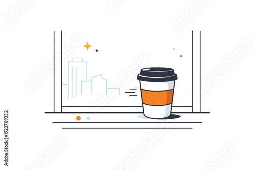 Cups left on surfaces. A takeaway cup forgotten on a windowsill, city shapes hinted outside. Pause between movement and rest. Minimalist flat vector
