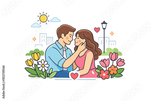 Spring engagement photos a gentle urban garden setting with blooming flowers and a loving couple, reflecting modern romance and seasonal beauty. Minimalist